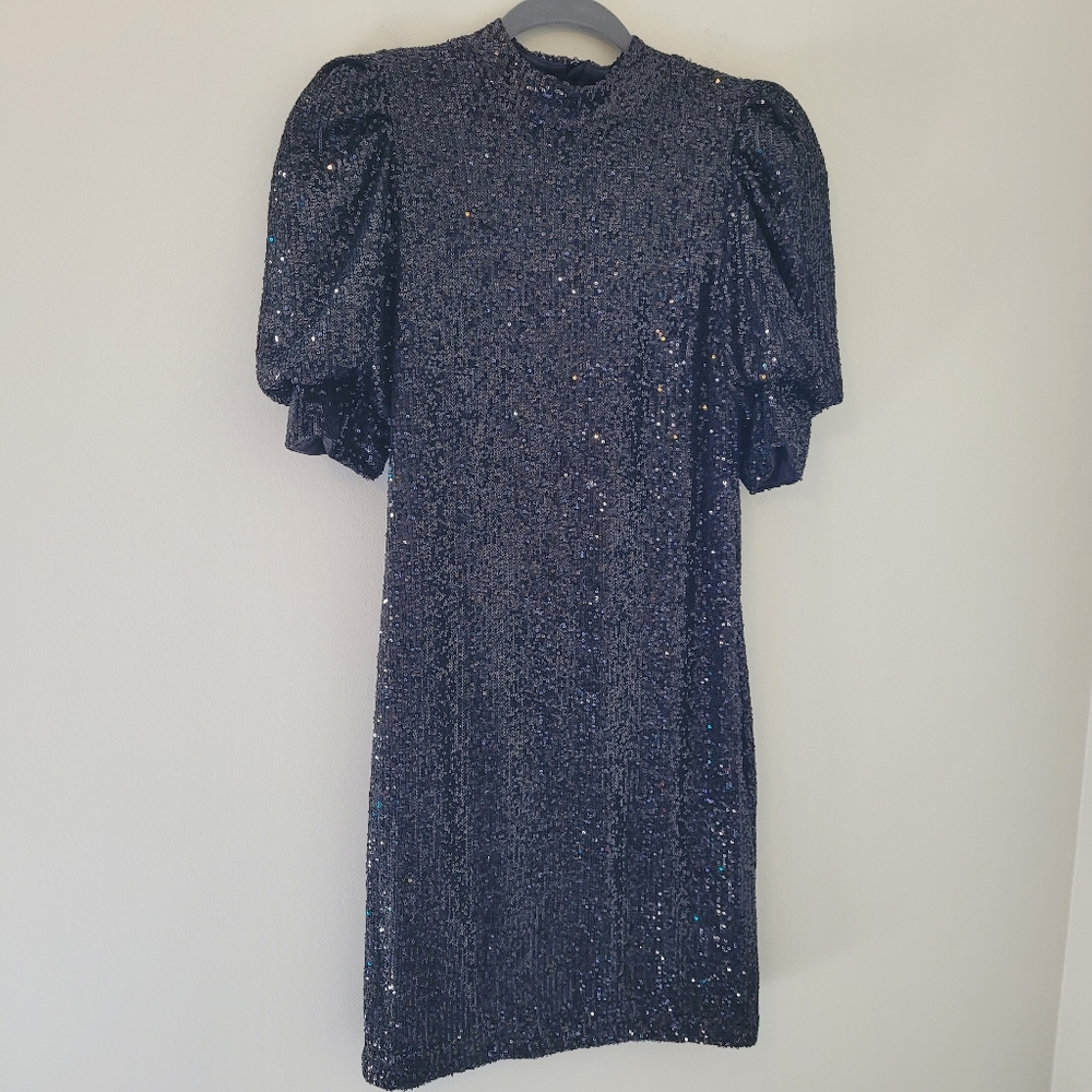 Joie Black Sequin Puff Sleeve Mini Dress